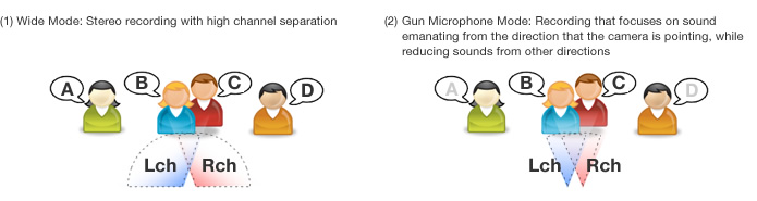 (1) Wide Mode: Stereo recording with high channel separation (2) Gun Microphone Mode: Recording that focuses on sound emanating from the direction that the camera is pointing, while reducing sounds from other directions