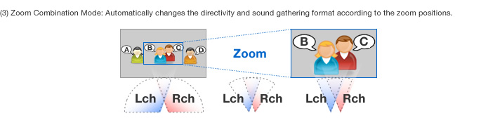 (3) Zoom Combination Mode: Automatically changes the directivity and sound gathering format according to the zoom positions
